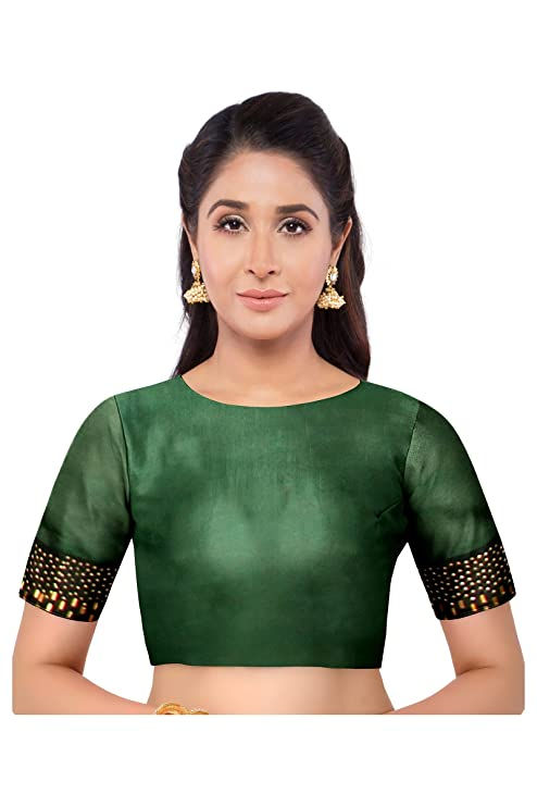 Thumbnail: Women's Chiffon Green Saree With Savaroski Laced border and Unstitched Blouse