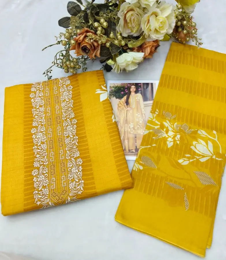 Thumbnail: Graceful Yellow Viscose Lawn Cotton Suit with Mal-Mal Dupatta