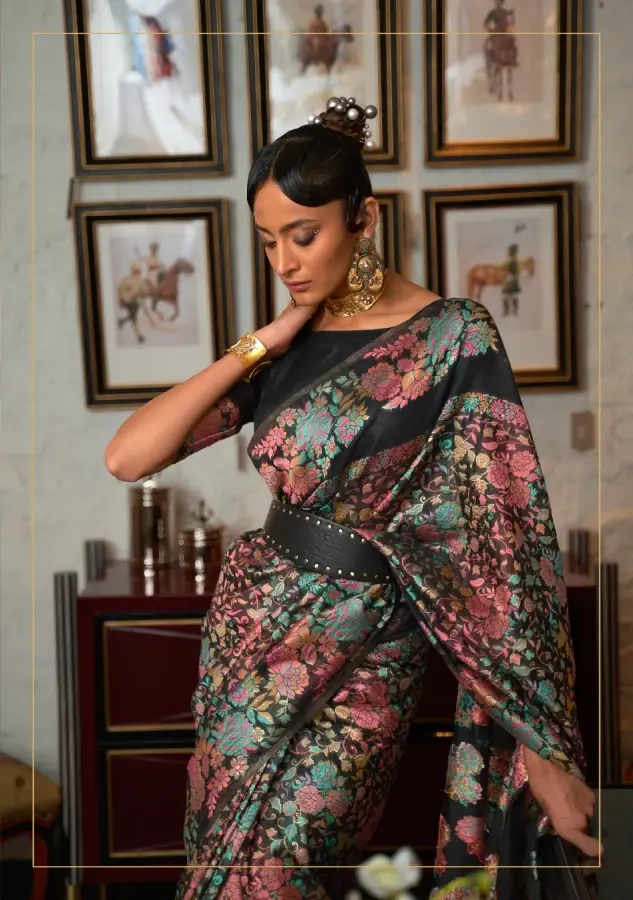 Thumbnail: Black Woven Art Silk Saree with Floral Motifs