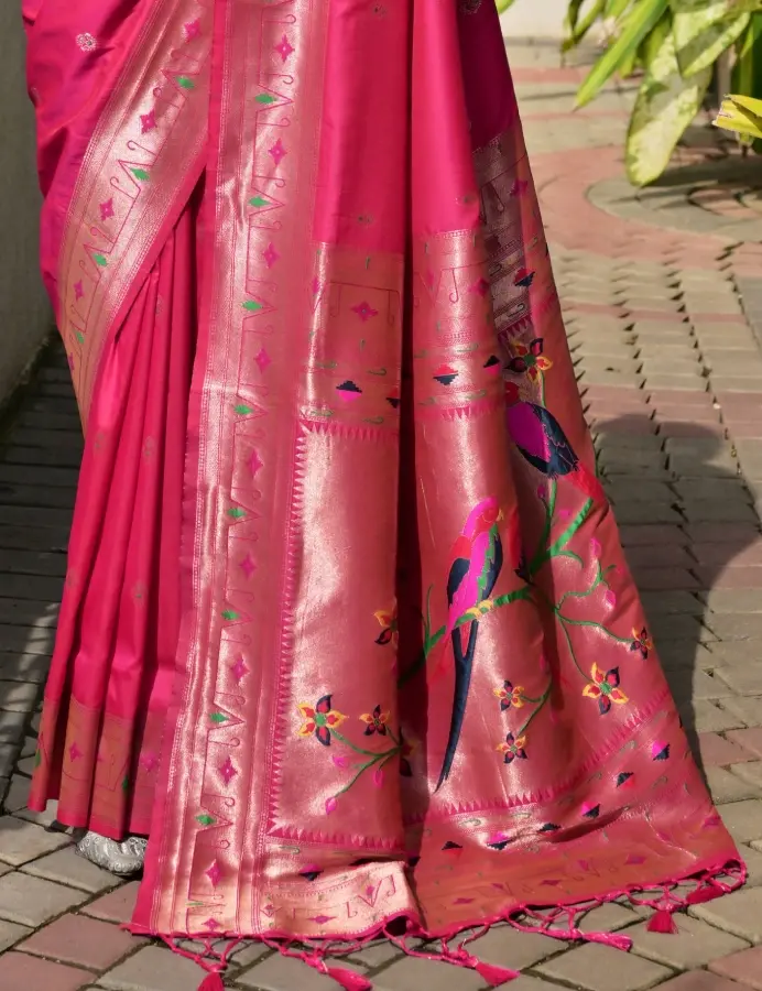 Thumbnail: Pink Paithani Silk Saree Meenakari Paithani Pallu, Pure Zari Woven Border