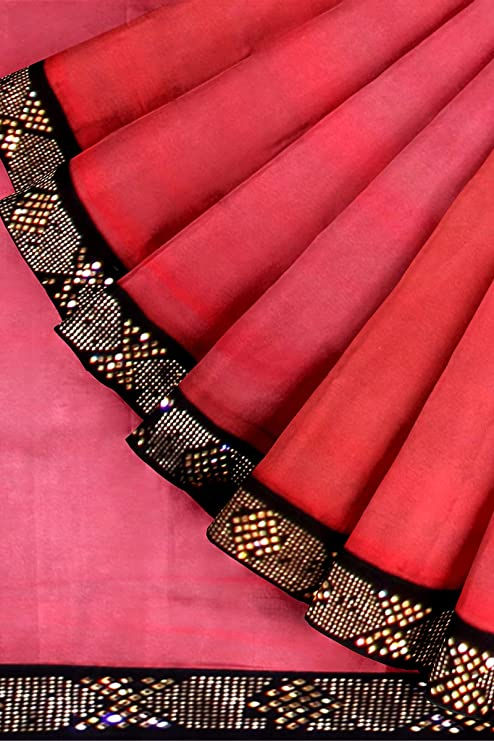 Thumbnail: Women's Chiffon Red Saree With Savaroski Laced border and Unstitched Blouse