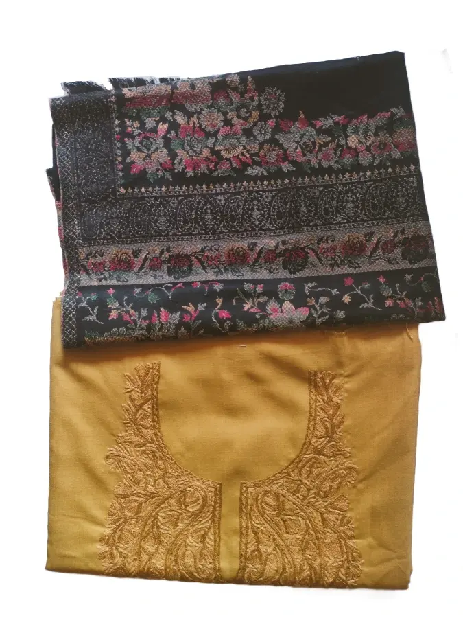Thumbnail: Women's Olive Pashmina Unstitched Handwork Embroidered Sal