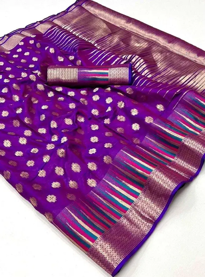 Thumbnail: Purple Banarasi Silk Saree Temple Border With Brocade Blouse Piece