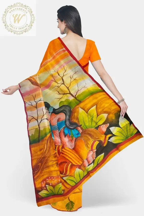 Thumbnail: Exquisite Hand Painted Silk Mustard Saree