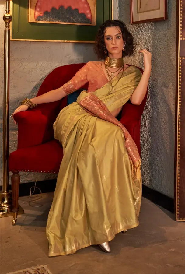 Thumbnail: Elegant Golden Yellow Tussar Silk Saree Ikkat Pallu – Handloom Masterpiece