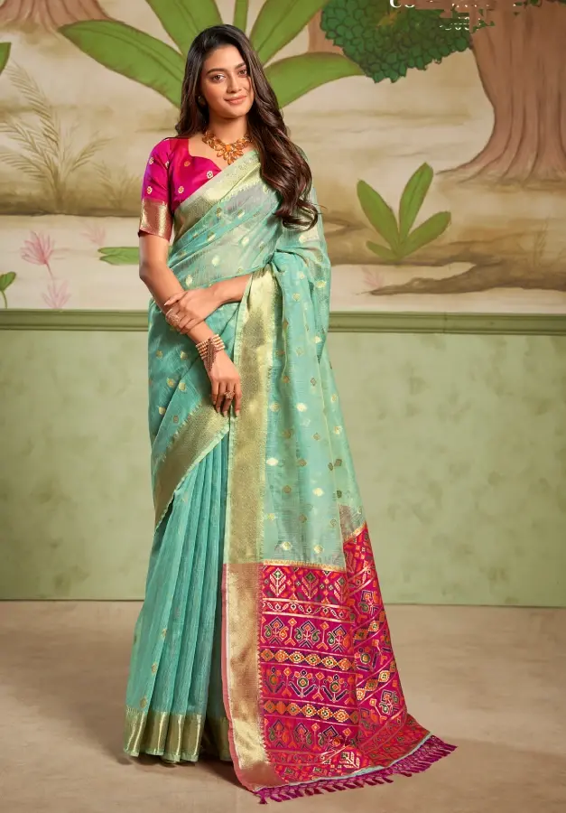 Women's Turquoise Woven Work Cotton Silk Saree with Blouse