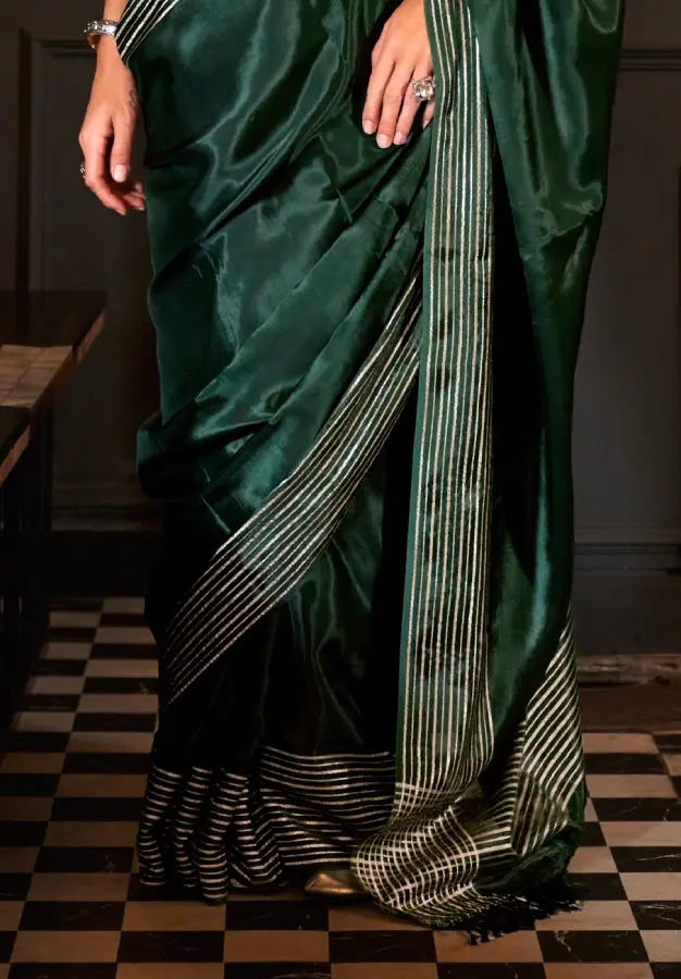 Thumbnail: Bottle Green Handloom Silk Saree with Cream Brocade Blouse
