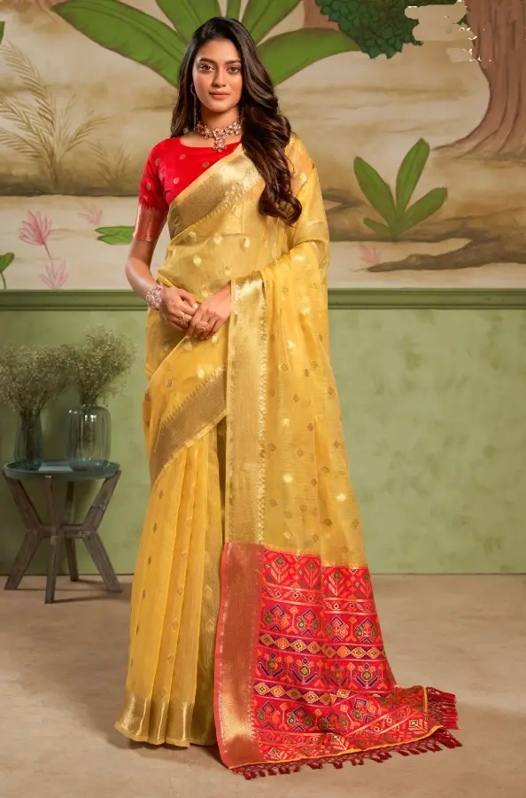 Women's Yellow Woven Work Cotton Silk Saree with Blouse