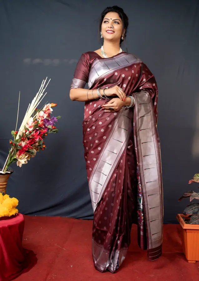 Thumbnail: Maroon Paithani Silk Saree With Unstitched Blouse