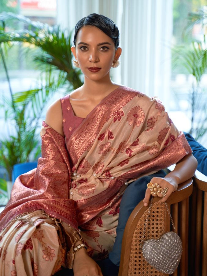 Thumbnail: Women's Light Brown Organza Silk Saree With Engaging Blouse Piece