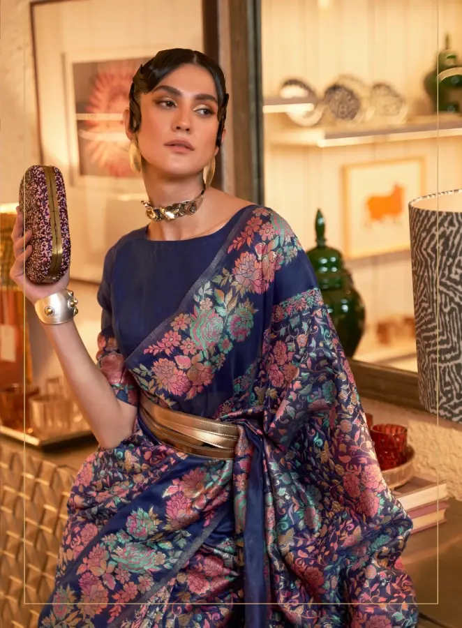 Thumbnail: Navy Blue Woven Art Silk Saree with Floral Motifs