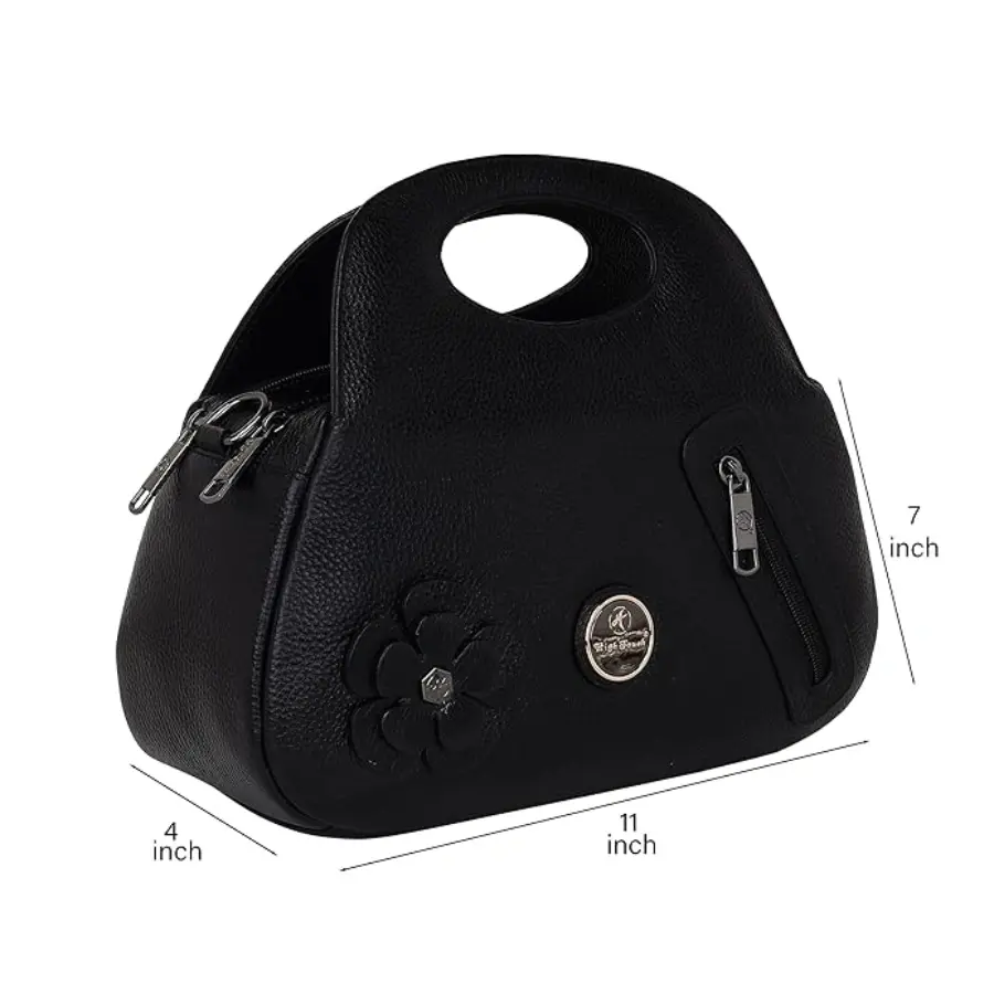 Thumbnail: Elegant Black Leather Handbag with Floral Design