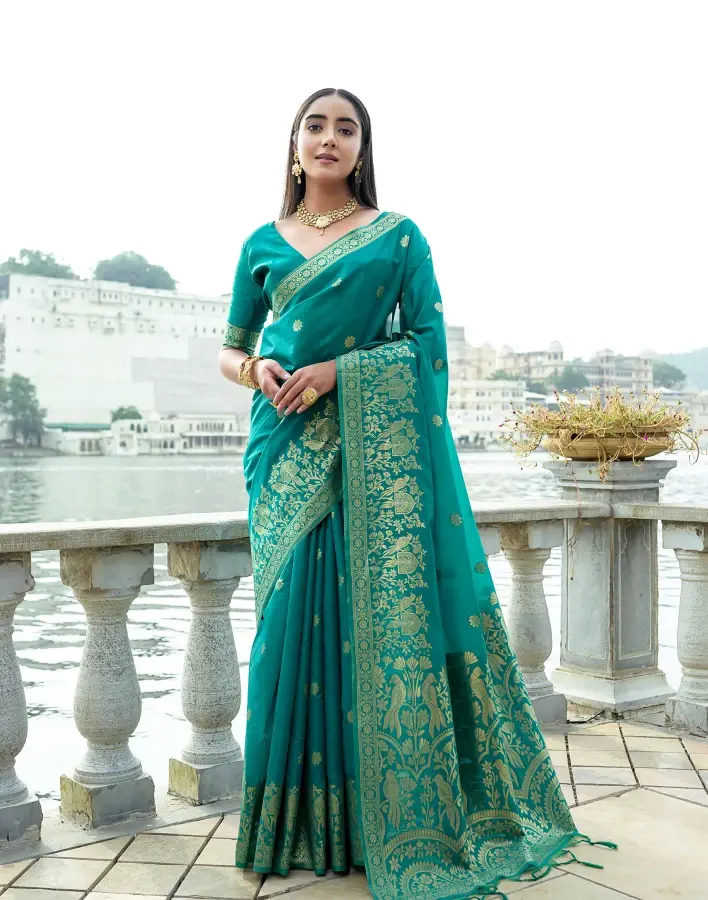 Women's Teal Green Woven Soft Silk Saree