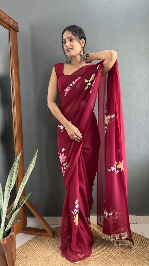 Thumbnail: Exquisite Maroon Hand Painted Sari with Floral Motifs – Ready-to-Wear