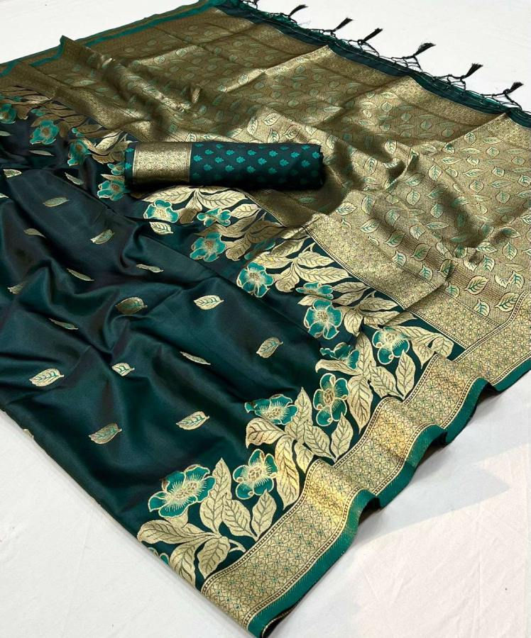 Thumbnail: Women's Dark Green Woven Satin Saree With Tassels