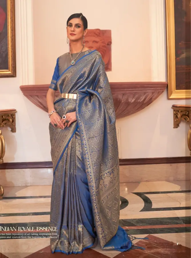 Steel Blue Woven Kanjivaram Silk Saree – Elegant, Festive Wear