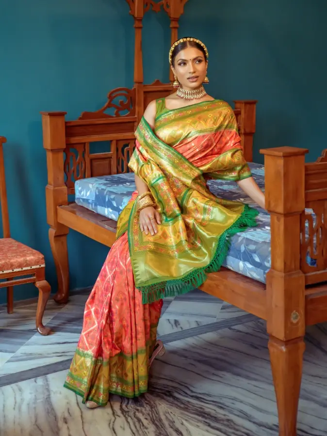 Thumbnail: Women's Orange Banarasi Soft Silk Patola Saree