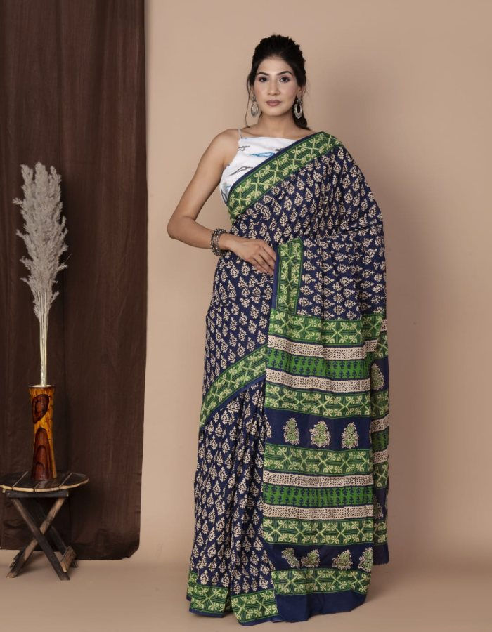 Thumbnail: Dark Blue Hand Block Bagru Printed Soft Malmal Cotto