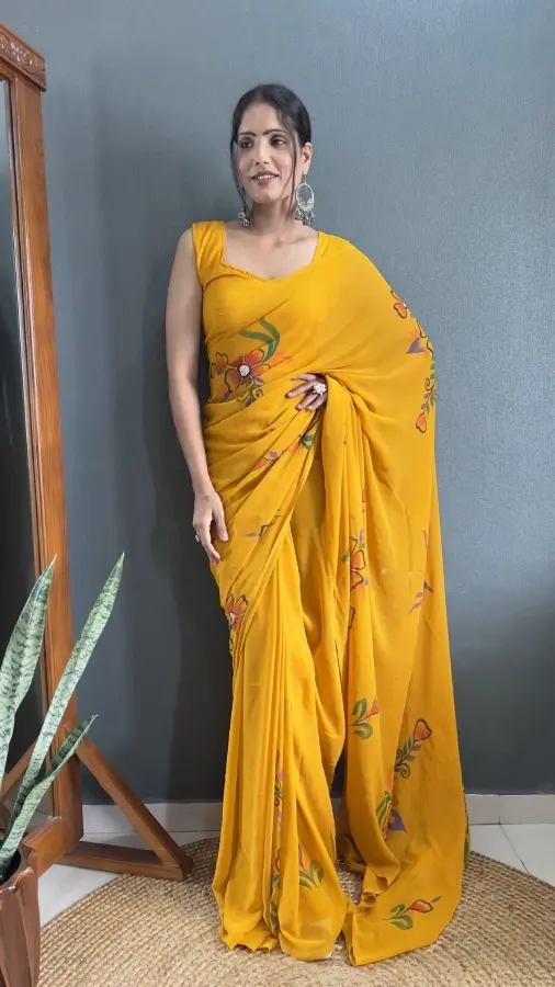 Thumbnail: Exquisite Yellow Hand Painted Sari with Floral Motifs – Ready-to-Wear