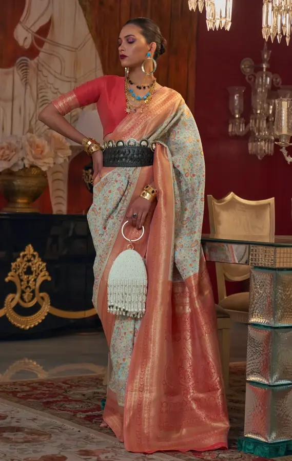 Sea Green Kashmiri Chaap Handloom Weaving Saree