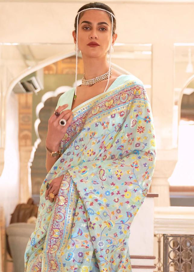 Thumbnail: Light Blue Banarasi Jamawar Woven Silk Saree
