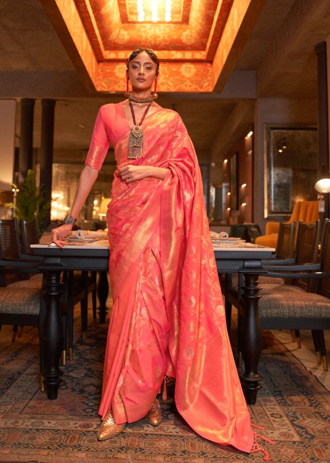 Thumbnail: Women's Peach Zari Banarasi Silk Saree