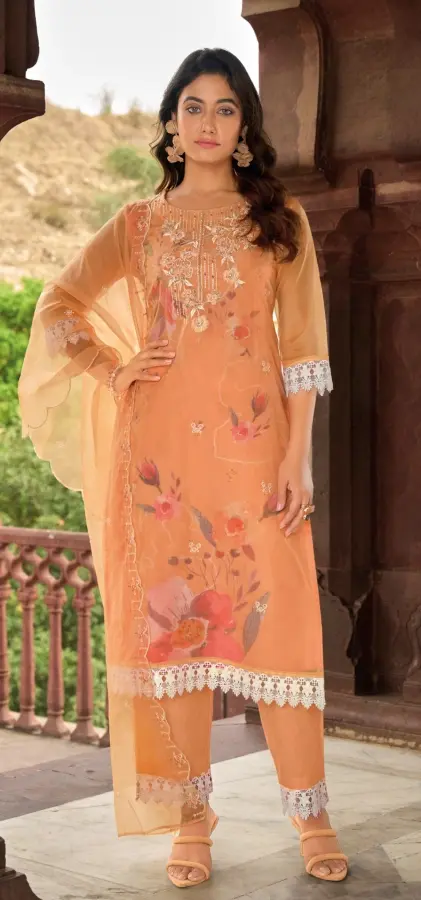 Thumbnail: Summer Orange Silk Embroidered  Readymade Pant Suits