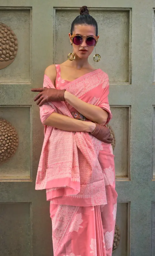 Thumbnail: Pink Lucknowi Cotton Saree With Stylish Blouse Piece