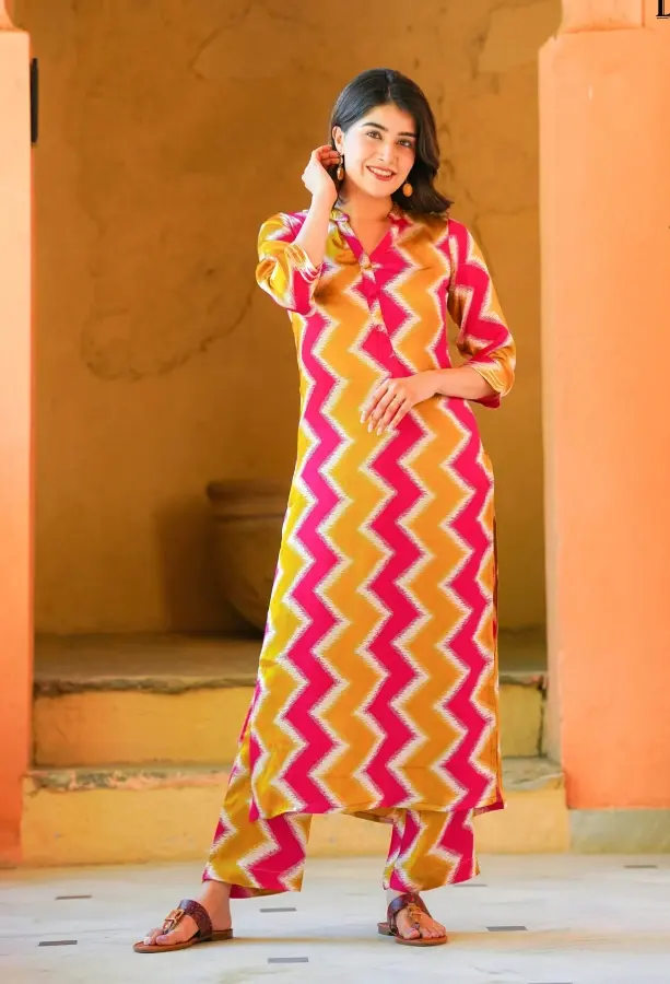 Zig Zag Printed Pure Muslin Silk Pakistani Suit in Mustard and Fuchsia