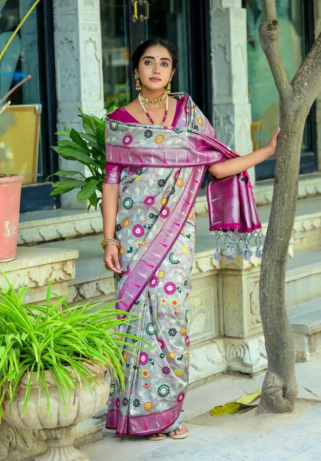 Thumbnail: Women's Silver Grey Meenakari Zari Woven Paithani Silk Saree