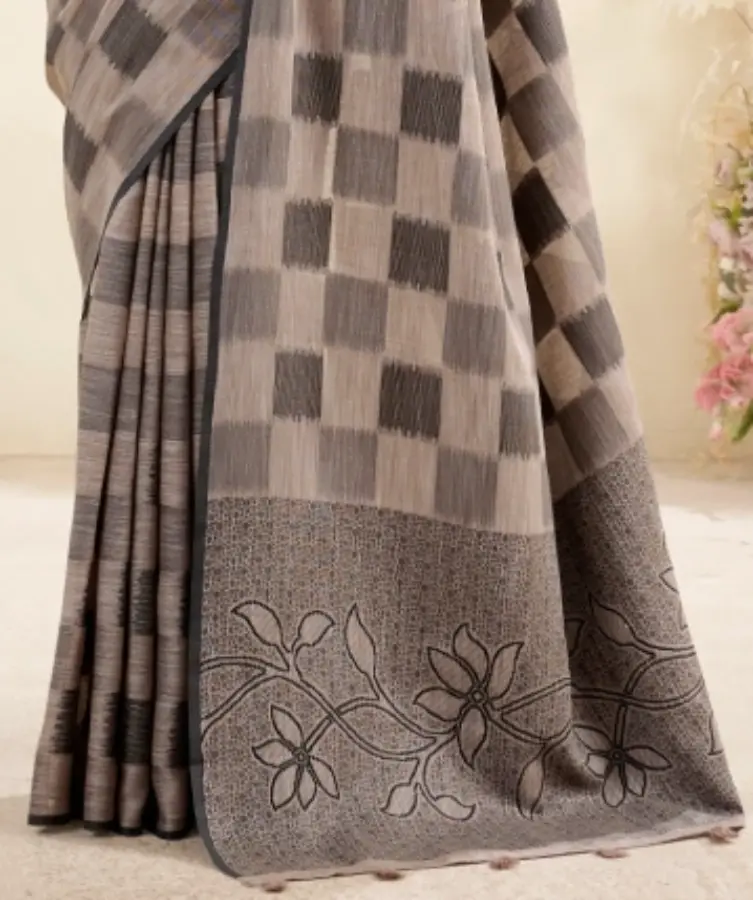 Thumbnail: Dust grey Linen Silk Woven Saree with Tassel Border and Contrast Blouse