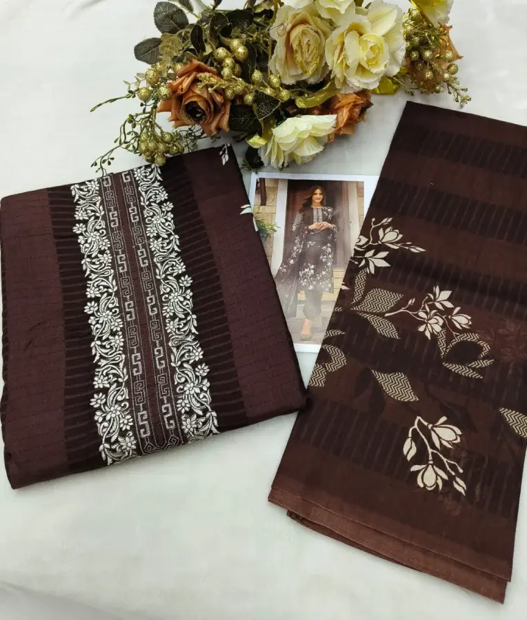 Thumbnail: Graceful Chocolate Brown Viscose Lawn Cotton Suit with Mal-Mal Dupatta
