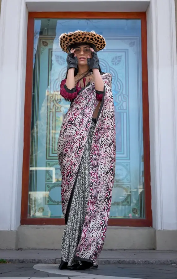 Thumbnail: Off White Digital Print Satin Crepe Saree