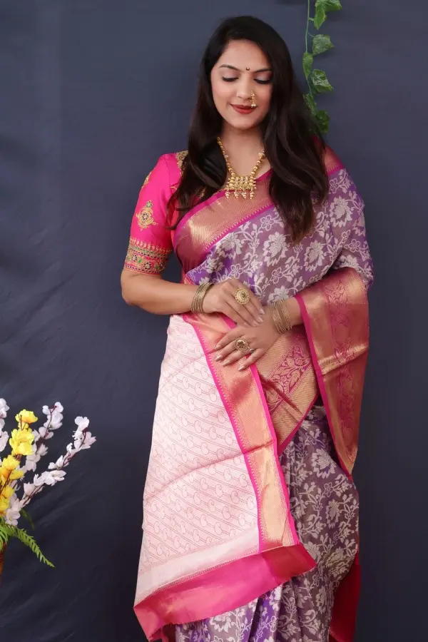 Thumbnail: Purple Kanchipuram Silk Saree With Unstitched Blouse