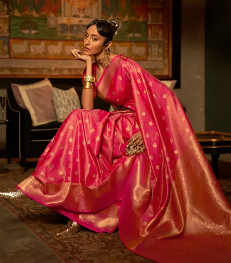 Thumbnail: Beautiful Pink Woven Kanjivaram Handloom Silk Saree with Striking Border