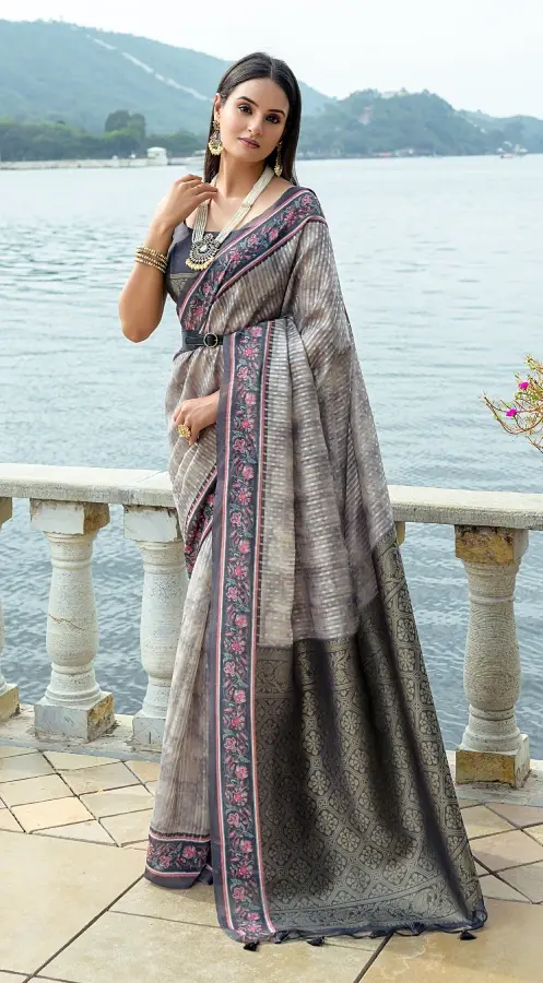 Thumbnail: Women's Grey Woven Work Cotton Silk Saree