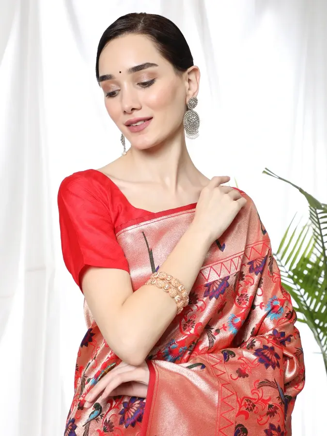 Thumbnail: Women's Red Meenakari Zari Woven Paithani Silk Saree