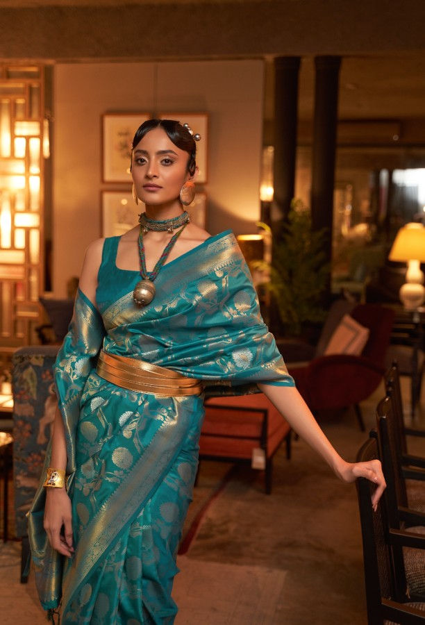 Thumbnail: Women's Turquoise Zari Banarasi Silk Saree