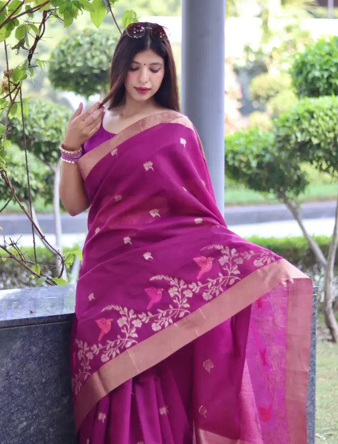 Thumbnail: Women's Wine Purple Woven Work Cotton Silk Saree