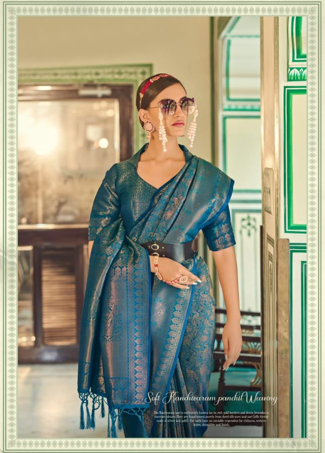 Thumbnail: Teal Blue Soft Kanjivaram Copper Zari Silk Saree