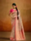 Beige Kalamkari Printed Banarasi Silk Saree with Pink Zari Blouse