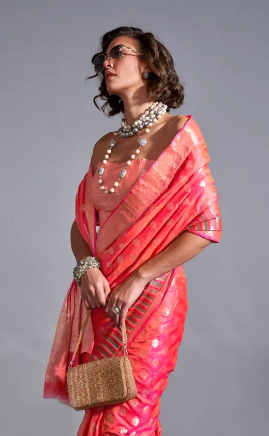 Thumbnail: Red Banarasi Silk Saree Temple Border With Brocade Blouse Piece