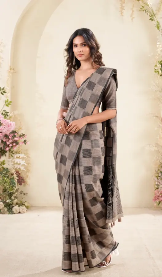 Thumbnail: Dust grey Linen Silk Woven Saree with Tassel Border and Contrast Blouse