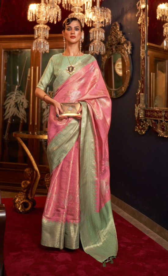 Pink Pure Silk Woven Saree With Tassels