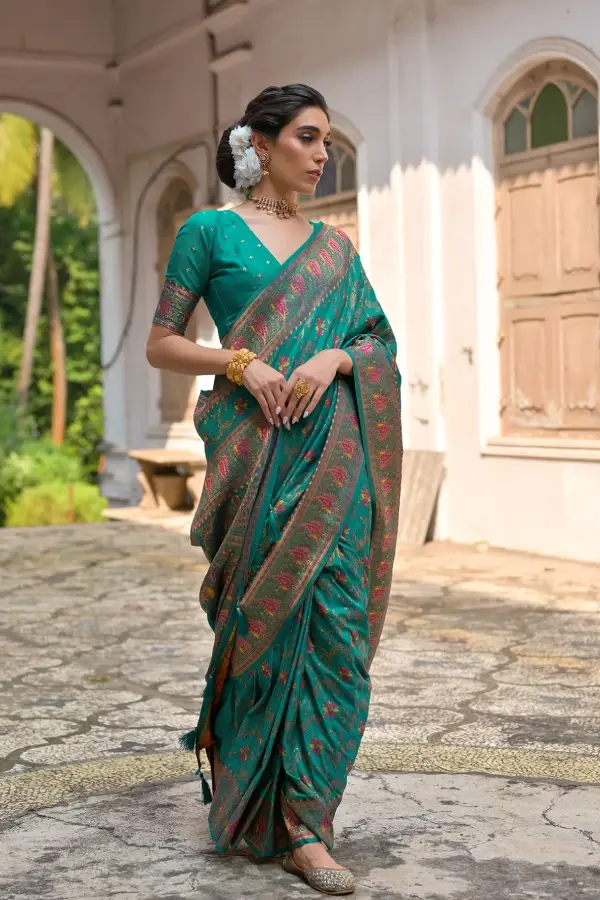 Thumbnail: Premium Green Pashmina Silk Saree | Woven Banarasi Saree