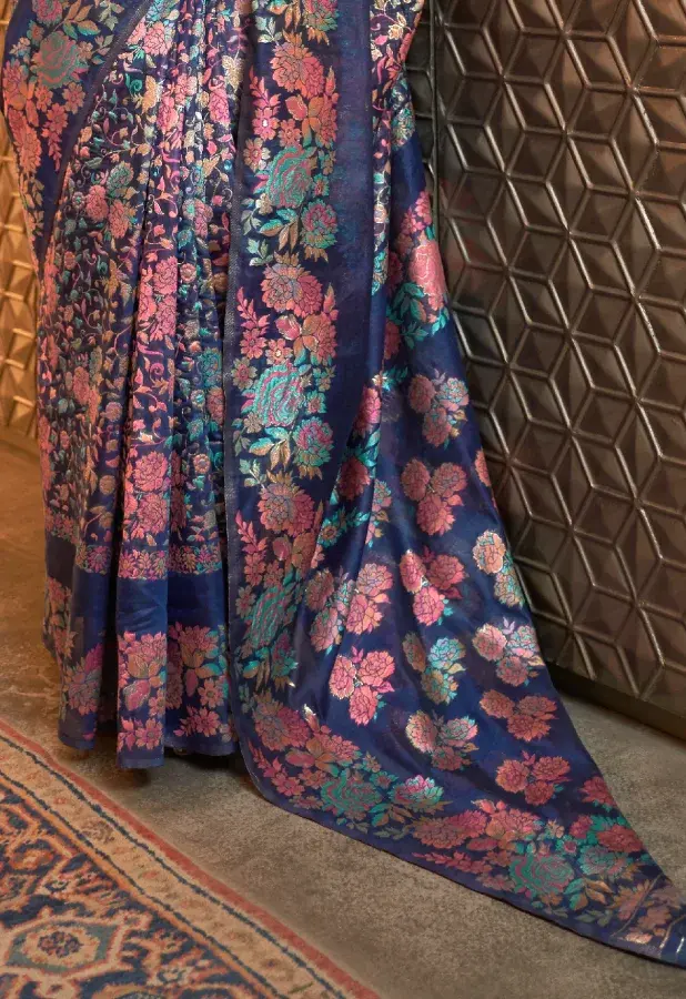 Thumbnail: Navy Blue Woven Art Silk Saree with Floral Motifs