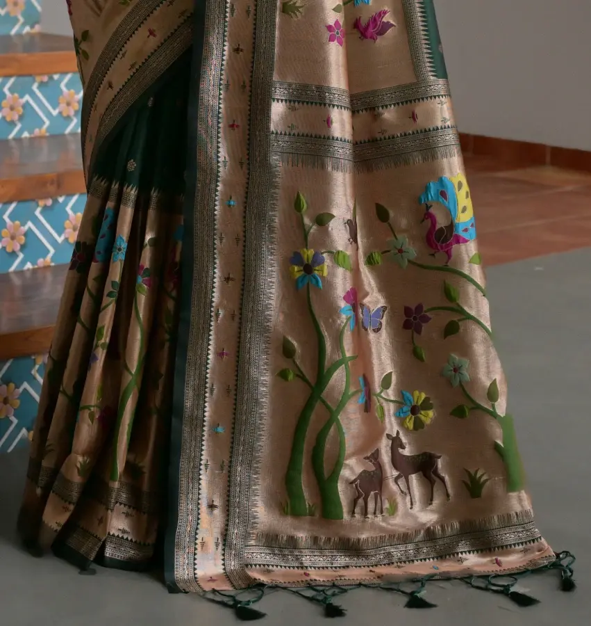 Thumbnail: Bottle Green Paithani Silk Saree with Meenakari Weaves & Pure Zari Big Border