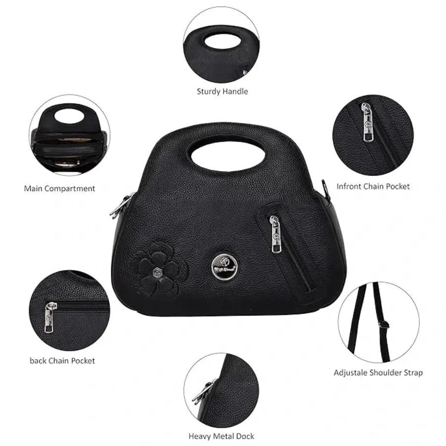 Thumbnail: Elegant Black Leather Handbag with Floral Design