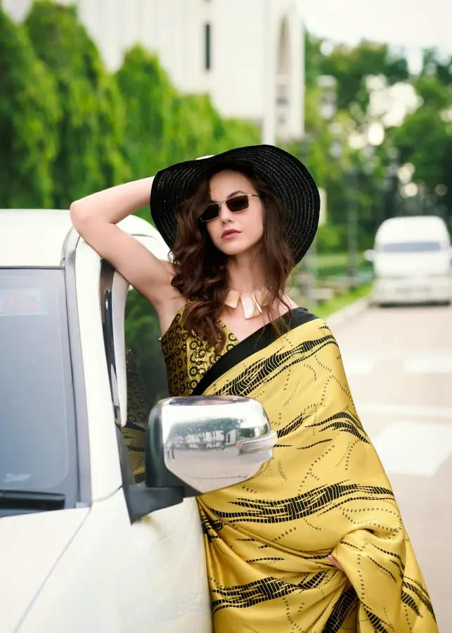 Thumbnail: Butter Yellow Printed Satin Crepe Saree