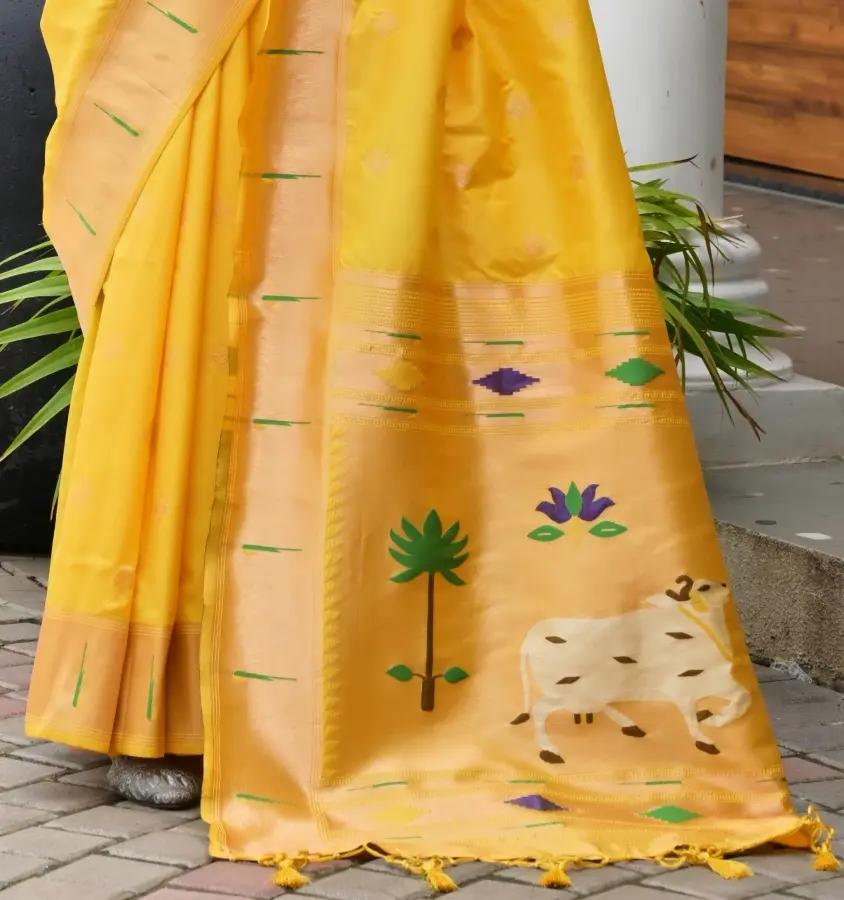 Thumbnail: Yellow Paithani Silk Saree Meenakari Pichwai Pallu & Zari Woven Munia Border